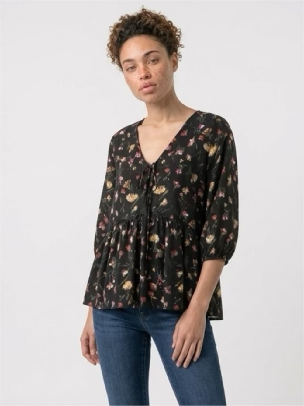 Lucca Black Floral Tie-Front Peplum Blouse